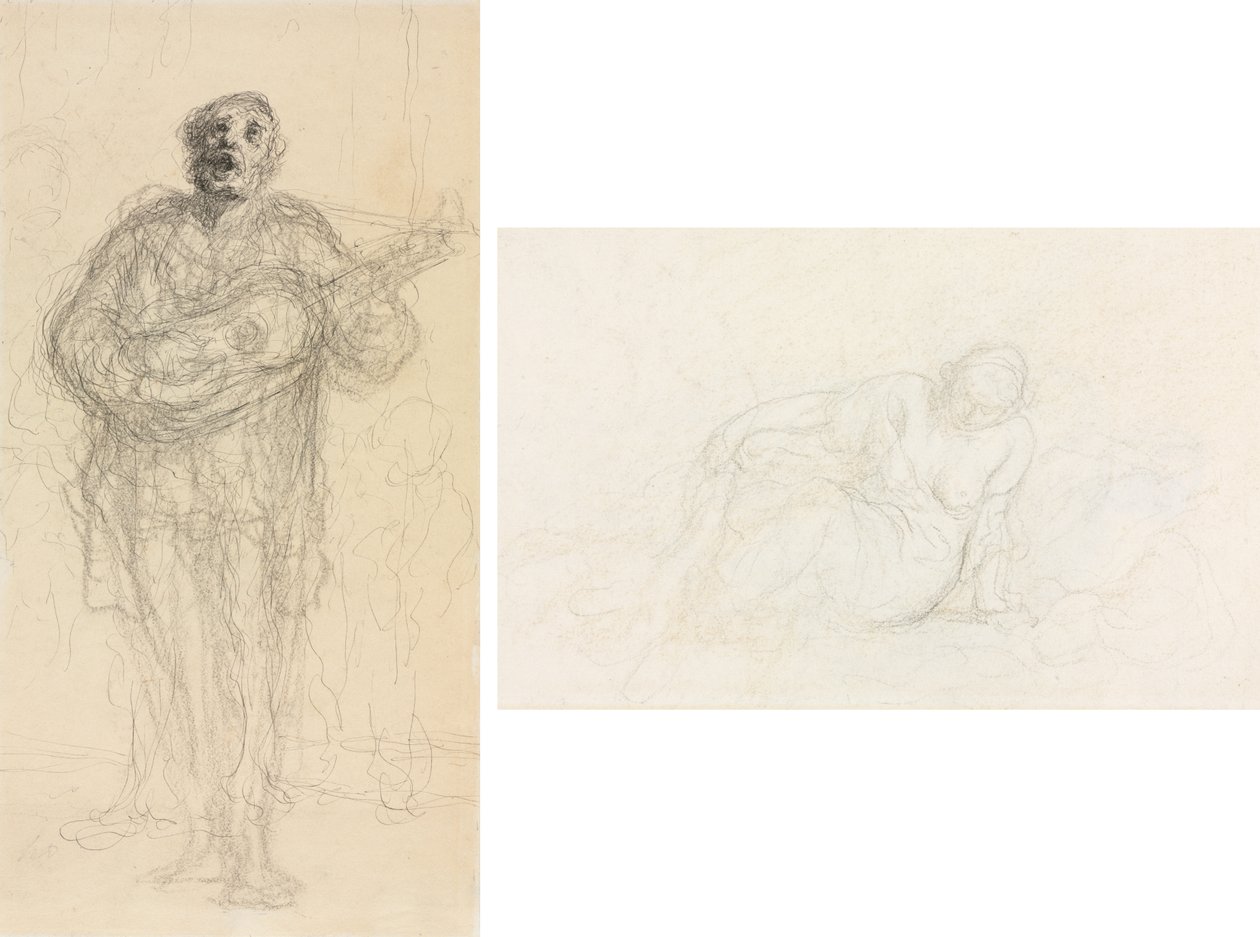 Sjungande gitarrist (rekto); Liggande kvinna lutad på sin arm (verso) av Honoré Daumier