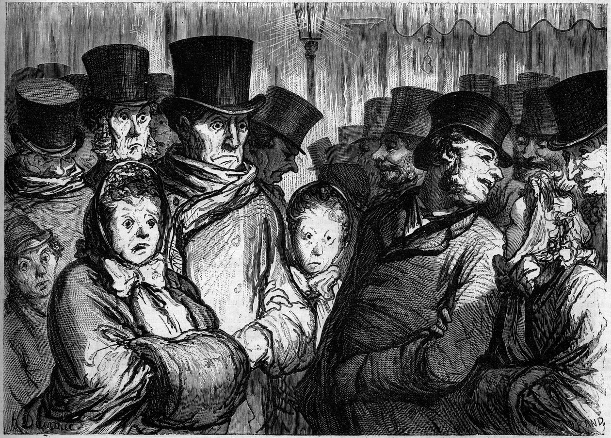 Temple Boulevard vid midnatt. Till vänster, människor som kommer ut ur dramat. Okej, folk som lämnar funambules. Tecknad av Honore Daumier (1808-1879). Gravyr i "" Le Monde Illustré"" nr 254 den 22 februari av Honoré Daumier