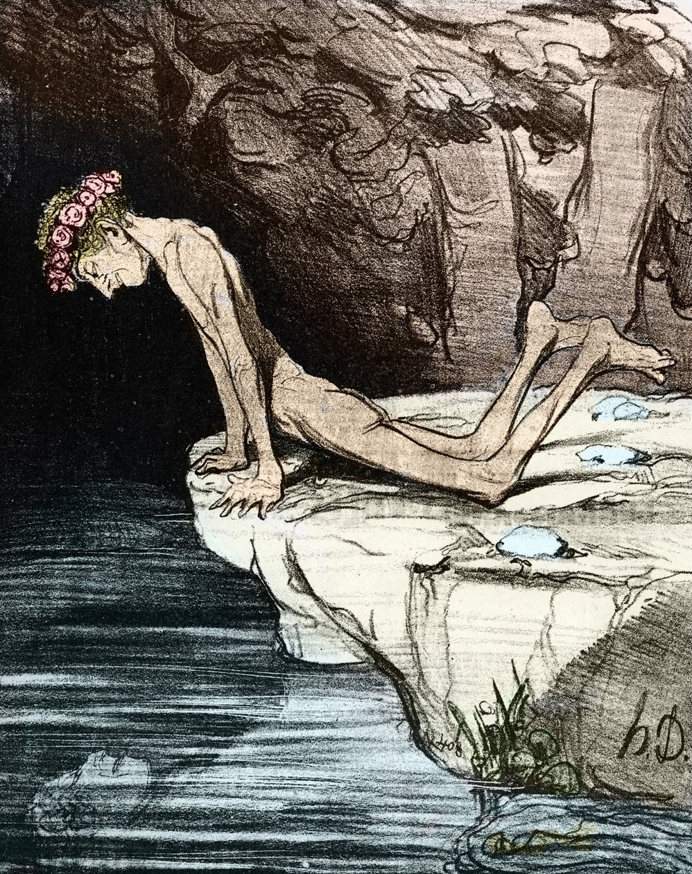 Den vackra narcissen. Av Honore Daumier de Salvandy (1795-1856), som var författare, politiker och historiker, samt medlem av Academie Française 1800-talet (litografi) av Honoré Daumier