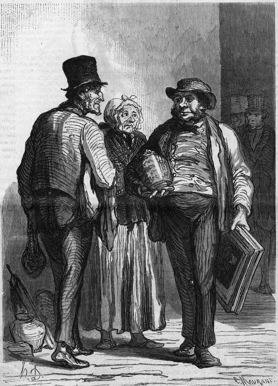 Hotel des Commissaires Ariseurs: köpmännen. Tecknad av Honore Daumier (1808-1879). Gravyr i "" Den illustrerade världen"" nr 326 av 11 januari av Honoré Daumier