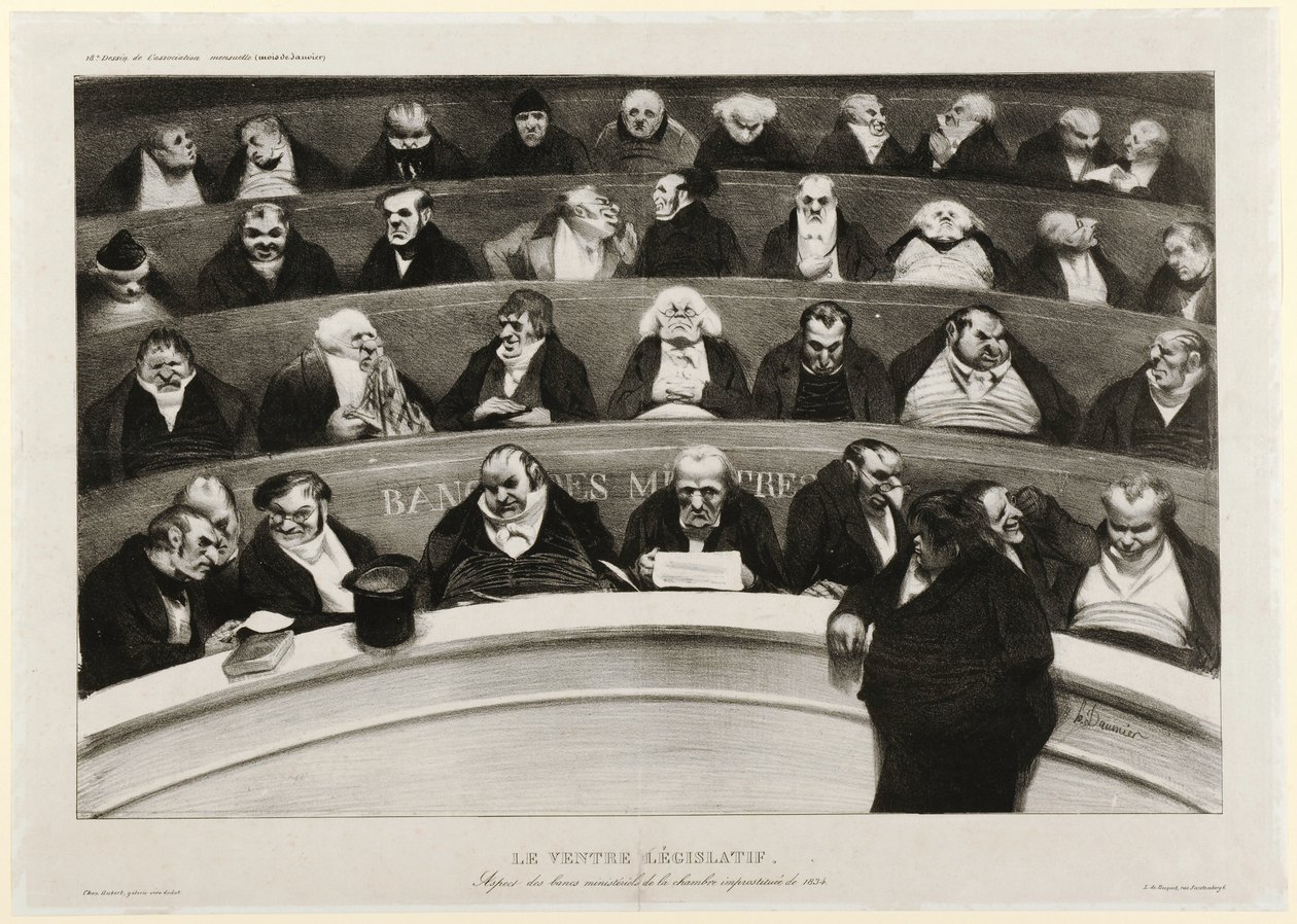 The Legislative Belly: Utsikt över ministerbänkarna i Impromptu-kammaren 1834 (litografi) av Honoré Daumier