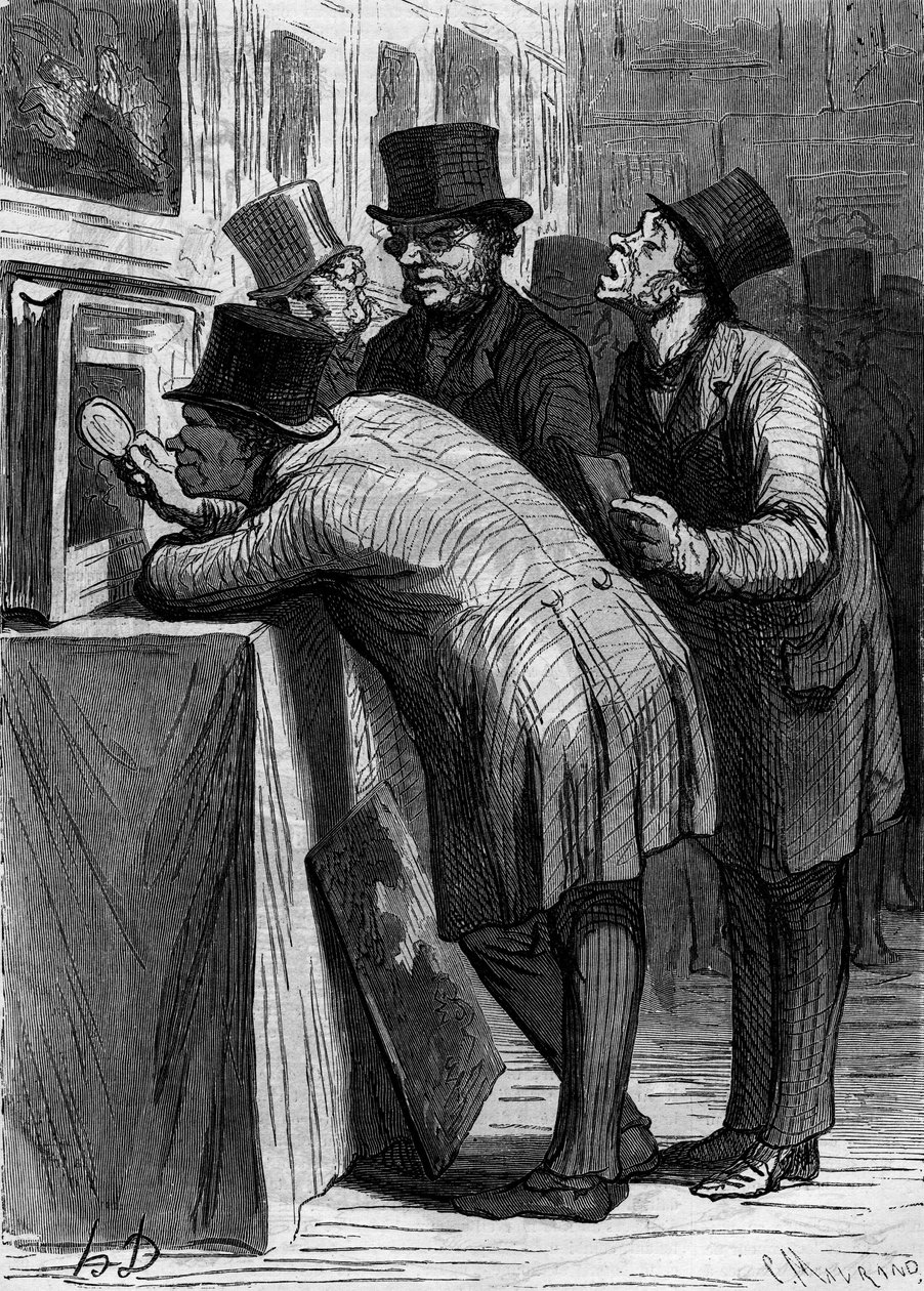 Auktionshuset: konstälskaren. Karikatyr av Honore Daumier (1808-1879). Gravyr i "" Le Monde Illustré"" nr 314 av 18 april 1863. av Honoré Daumier