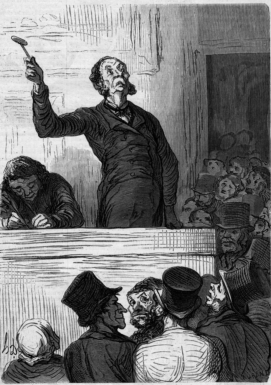 Auktionshuset: auktionsförrättaren (auktionsförrättaren). Tecknad av Honore Daumier (1808-1879). Gravyr i "" Le Monde Illustré"" nr 300 den 10 januari av Honoré Daumier
