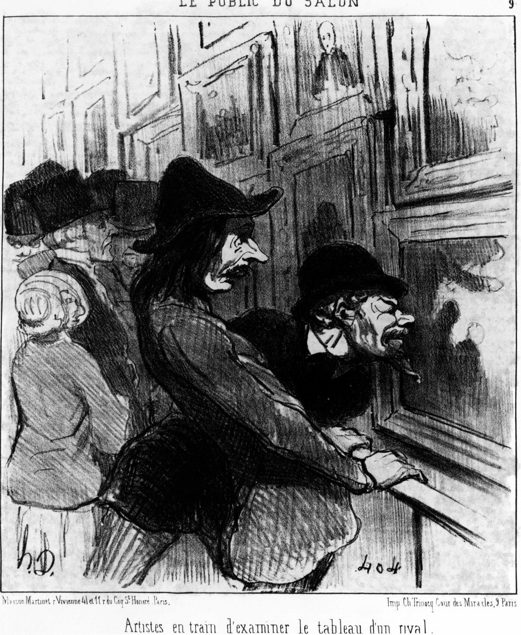 Föreställningens publik. Konstnärer som undersöker målningen av en rival, hämtad från "" Paintings and Salons", tecknad serie av Honore Daumier (1808-1879). “Charivari” av Honoré Daumier