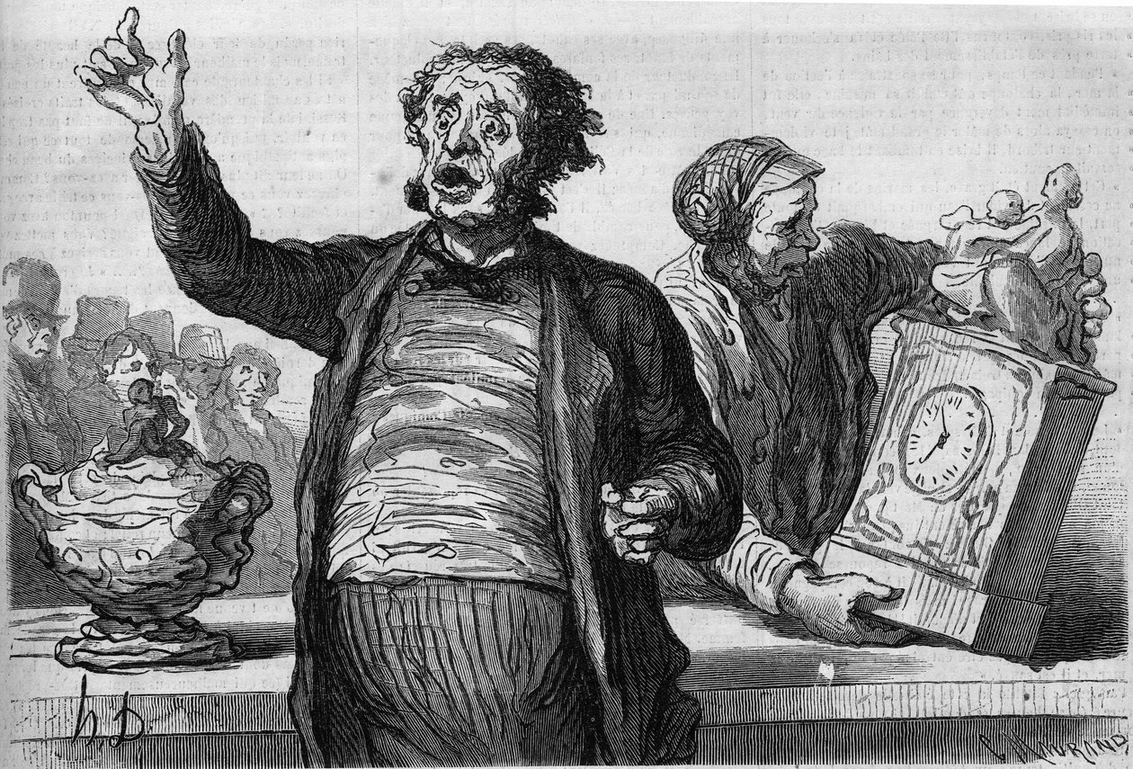 Auktionsförrättarnas hotell: den offentliga roparen. Tecknad av Honore Daumier (1808-1879). Gravyr i "" Le Monde Illustré"" nr 551 den 2 januari av Honoré Daumier