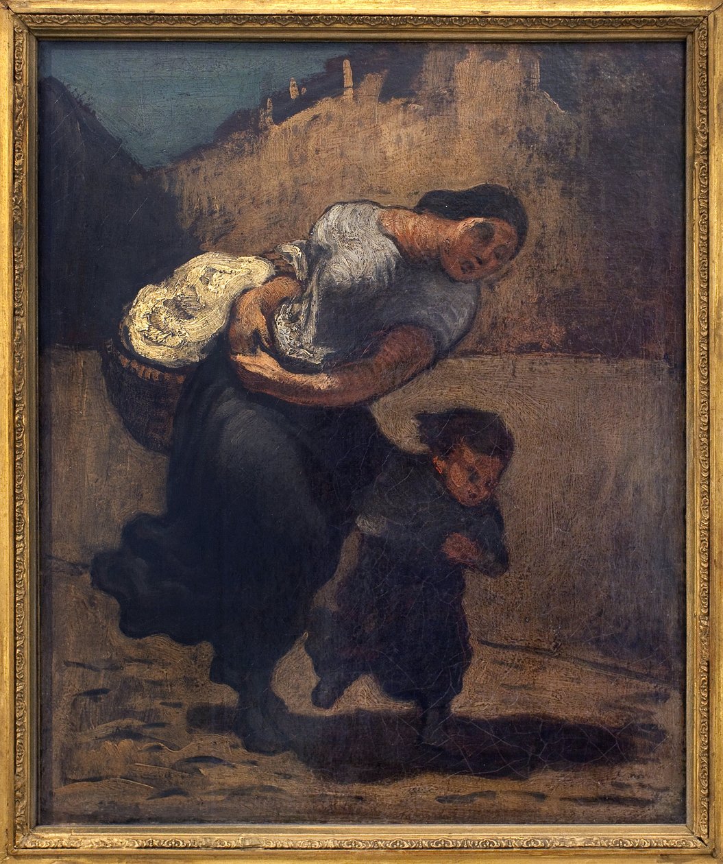 Stormen (lavendeln). En kvinna som håller en kort korg med ett barn, förmodligen för att skydda sig från regnet. Konstverk av Honore Daumier (1808-1879), olja på kartong av Honoré Daumier