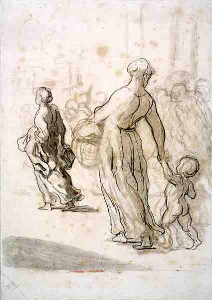 Two Women and a Child, ca 1848-50 (krita, kol och gouache på antikt papper) av Honoré Daumier