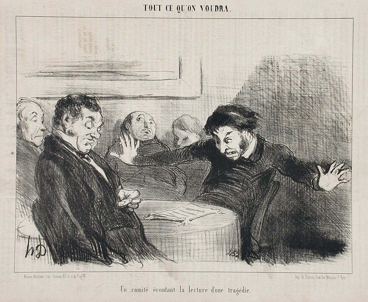 En kommitté lyssnar på uppläsningen av en tragedi av Honoré Daumier