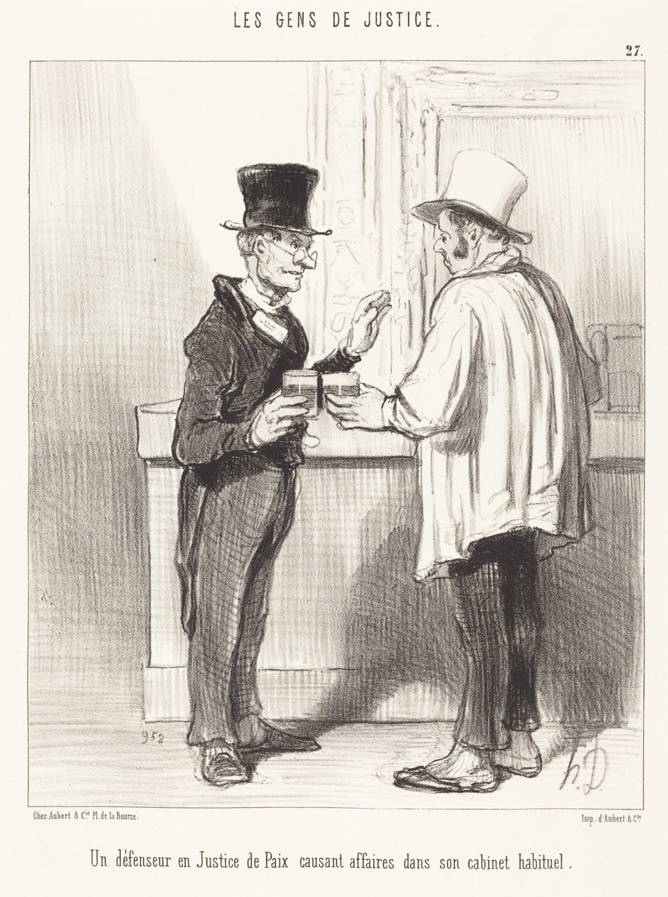 En försvarare ... pratande ... på sitt vanliga kontor av Honoré Daumier