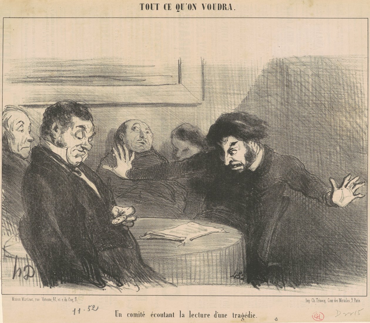 En kommitté som lyssnar på läsningen av en tragedi av Honoré Daumier