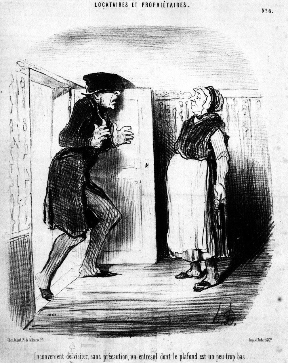 Obekvämt att besöka, utan försiktighet, en entresol vars tak är lite för lågt, hämtat från "" Tenants et Owners"", tecknad serie av Honore Daumier (1808-1879). “Charivari” av Honoré Daumier