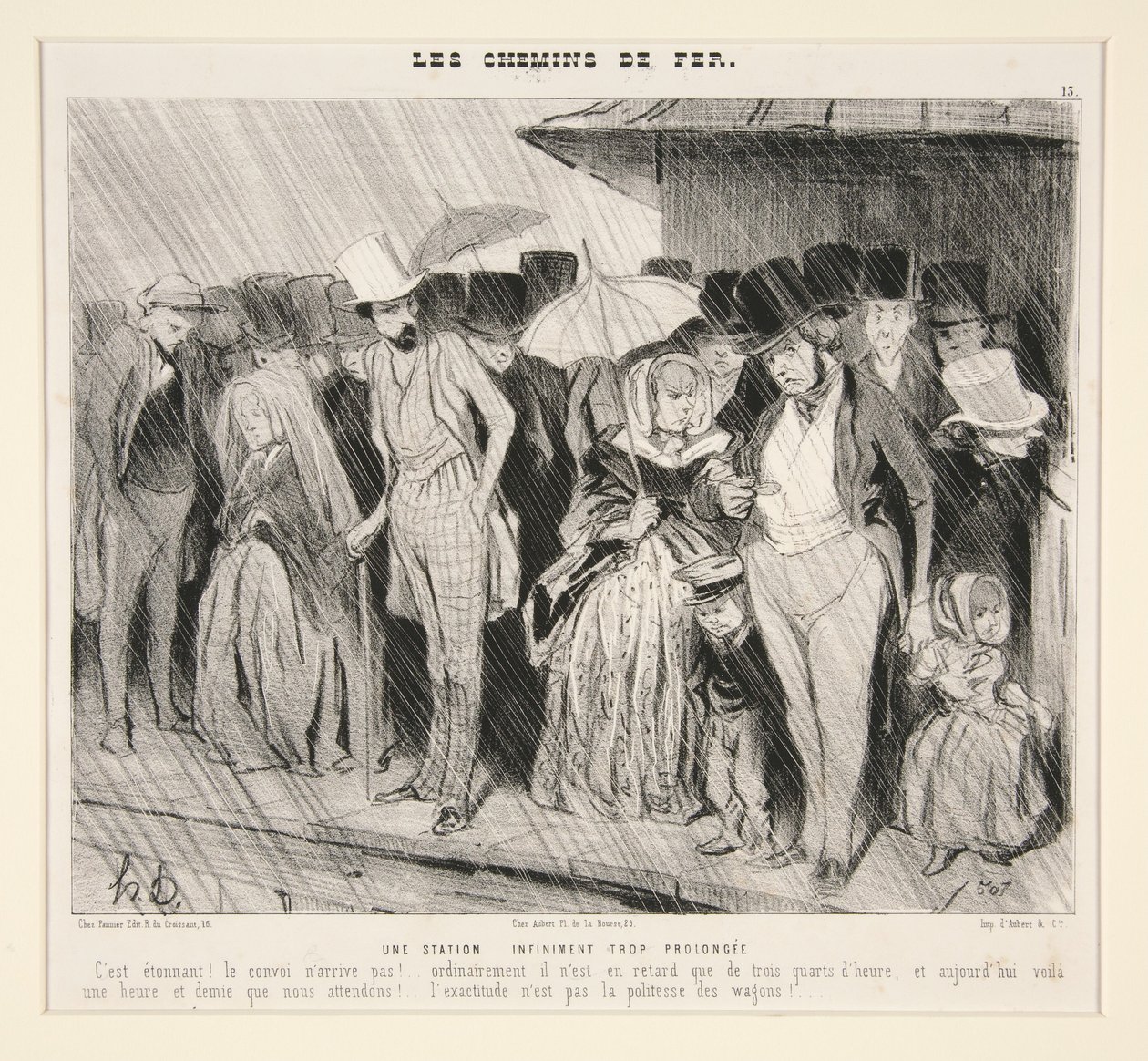Ett oändligt utdraget stopp: Det är häpnadsväckande! Tåget kommer inte!... vanligen är det bara tre kvart försenat,... från Les Chemins de Fer, i Le Charivari, 13 november 1843 av Honoré Daumier