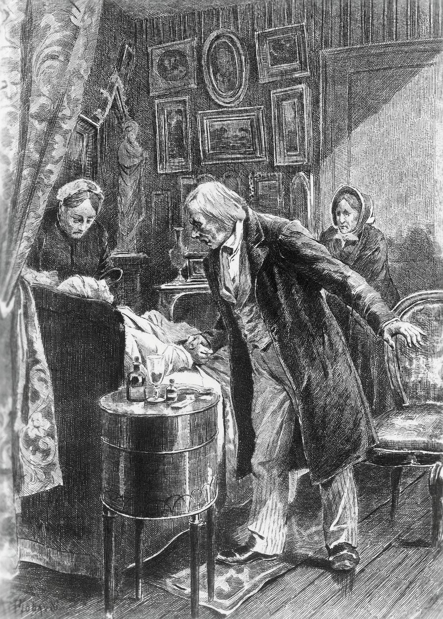 Illustration av Alcide Theophile Robaudi (aktiv 1874-1884) för kusin Pons, roman av Honore de Balzac (1799-1850) från samlingen i flera volymer med titeln Human Comedy, publicerad 1900, Paris av Honore de Balzac