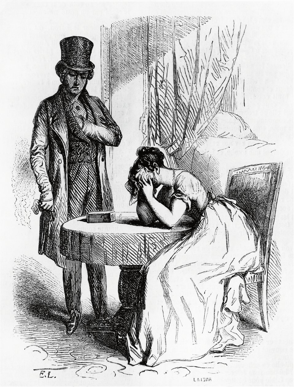 Kvinna i förtvivlan under mannens blick, illustration från Ferragus av Honore de Balzac (1799-1850), fransk upplaga av Honore de Balzac