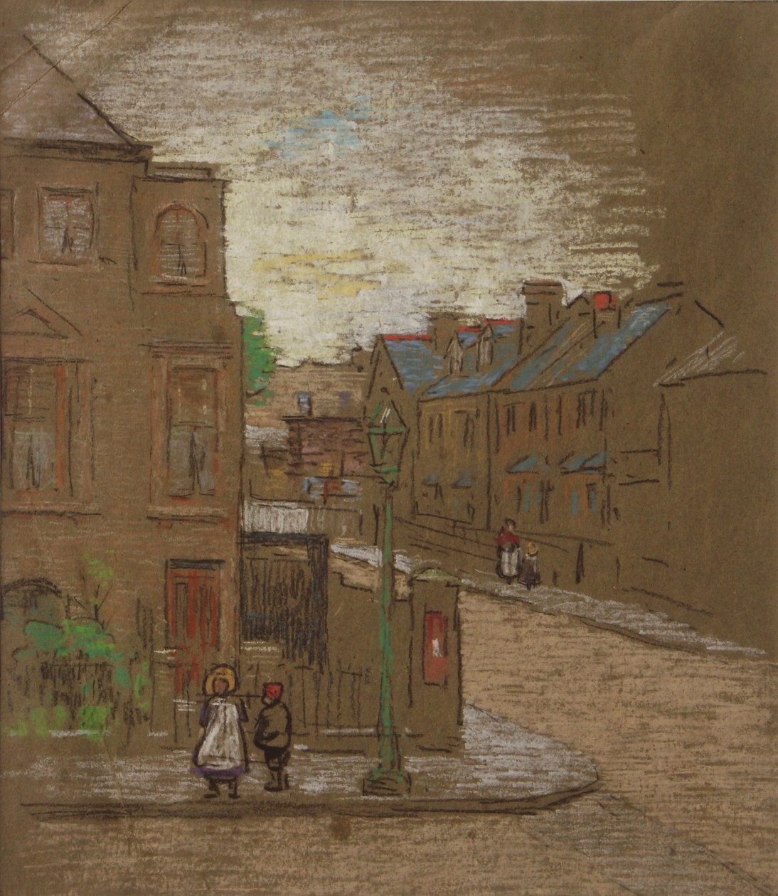 Barn som väntar i gathörnet, ca 1900 (färgkrita på brunt papper) av Horace Mann Livens