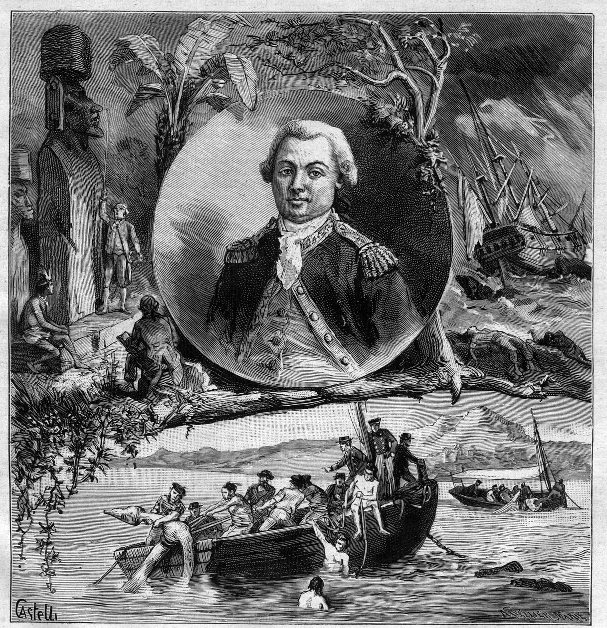 Le Centenaire de La Perouse (Jean Francois de Galaup Laperouse) - Porträtt till minne av hans ankomst till Påskön 1786 och fyndet av Astrolabe av Dumont d