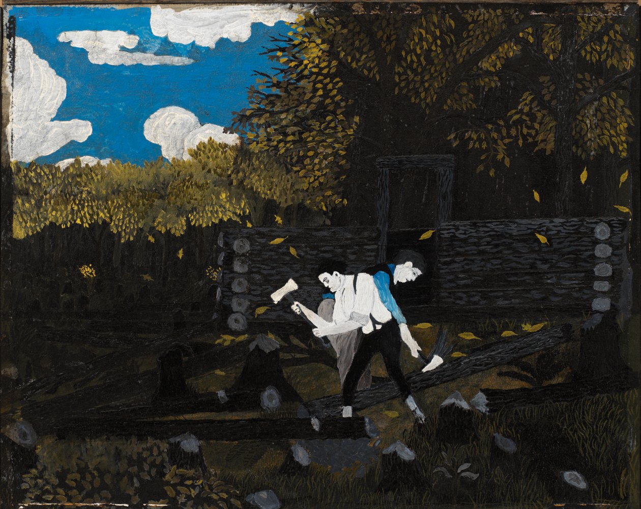 Abraham Lincoln och hans far bygger sin stuga på Pigeon Creek av Horace Pippin