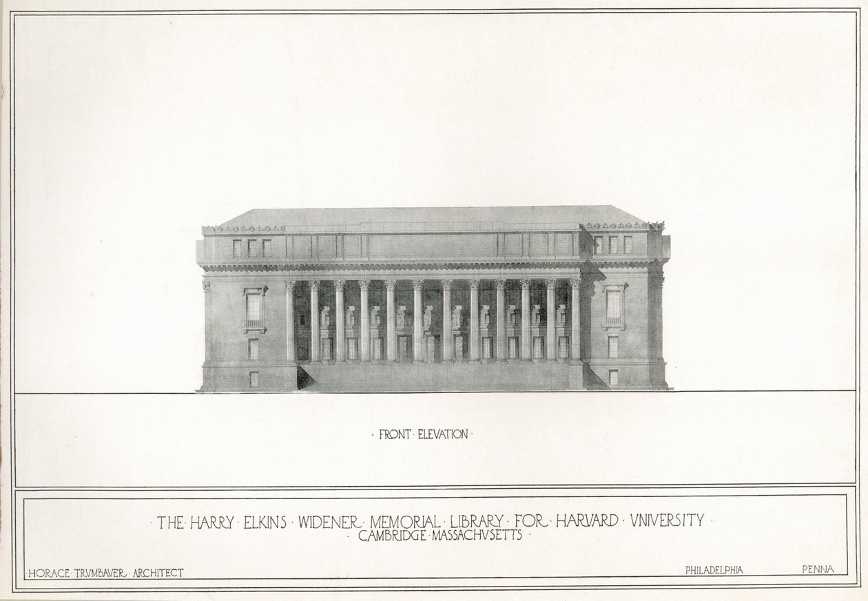 Framifrån, Harry Elkins Widener Memorial Library för Harvard University, Cambridge, Massachusetts (litho) av Horace Trumbauer