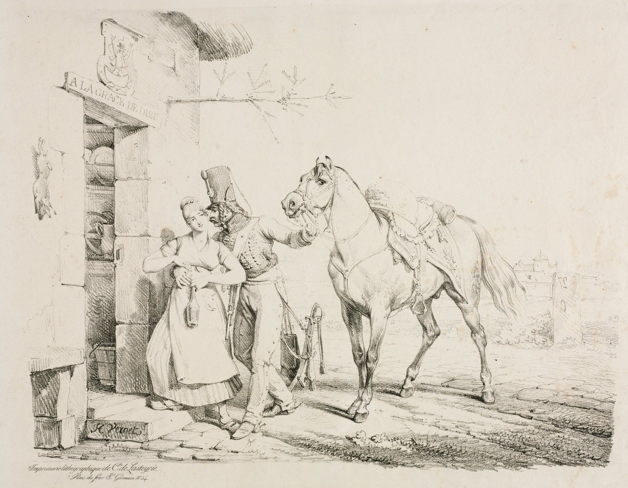 En husar som omfamnar en tjänare av Emile Jean Horace Vernet