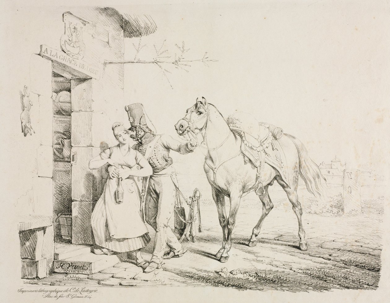En husar som omfamnar en tjänare. av Emile Jean Horace Vernet