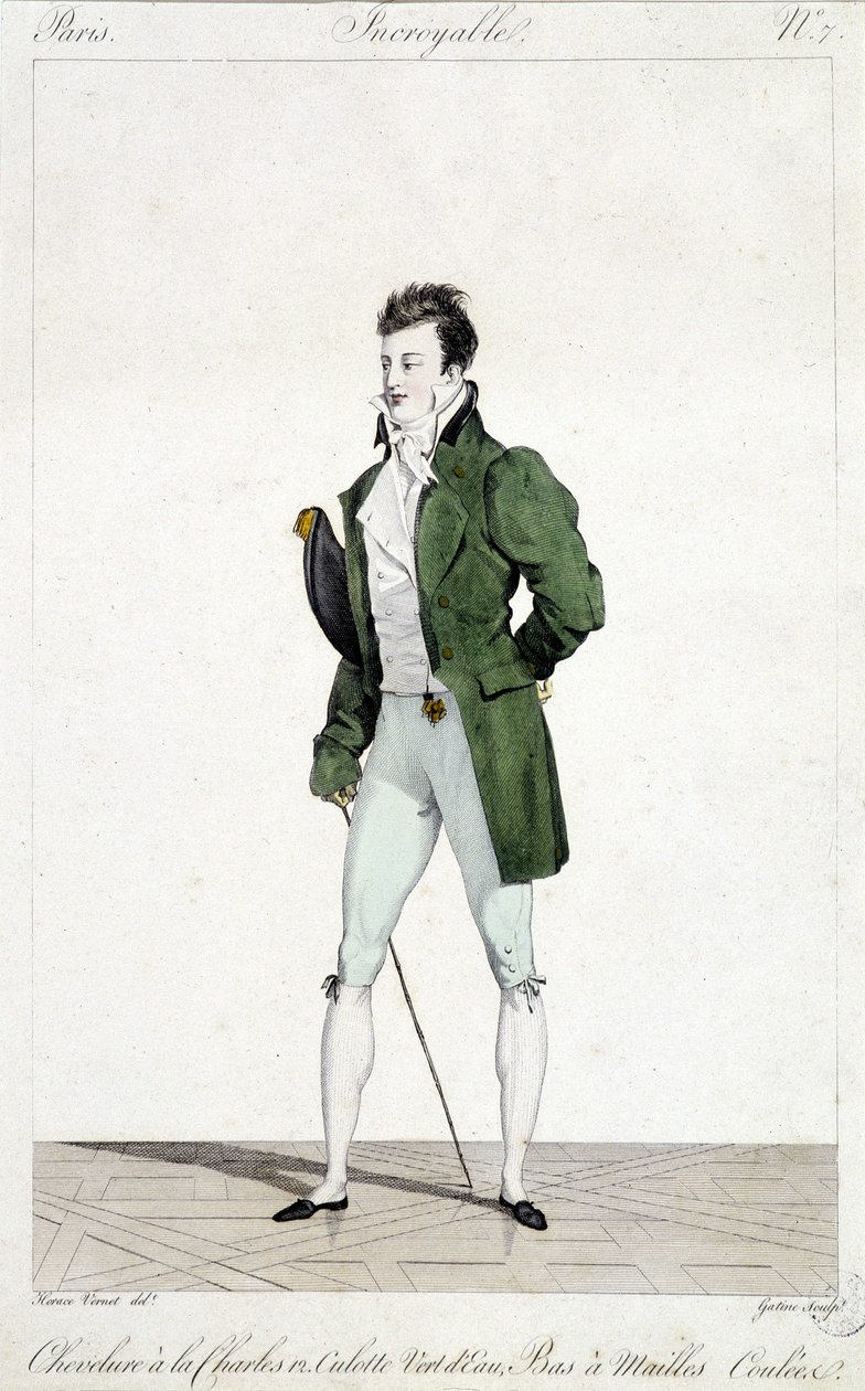 Underbara Paris. Man har Karl XII:s hår, klädd i vattengröna trosor och flöta nätstrumpor. Illustration av herrmode gjord omkring 1810 av Horace Vernet (1789 - 1863). av Emile Jean Horace Vernet
