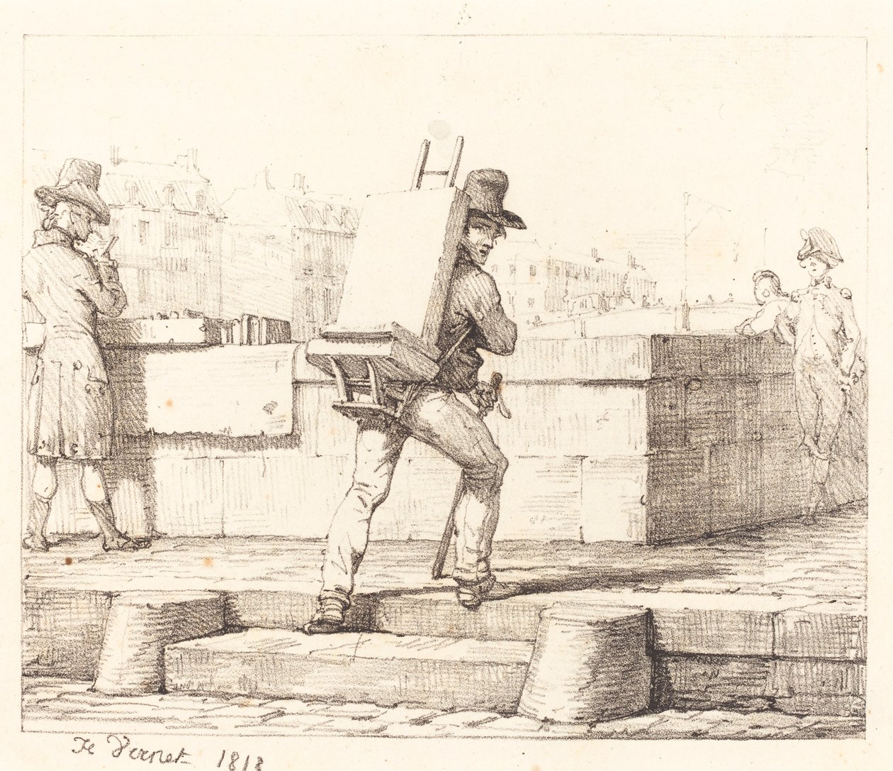 Konstnär som bär staffli med en litografisk sten av Emile Jean Horace Vernet