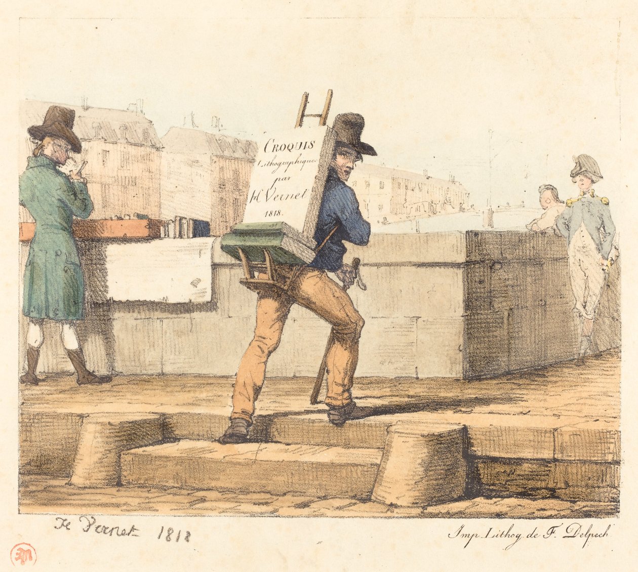 Konstnär som bär staffli med en litografisk sten av Emile Jean Horace Vernet