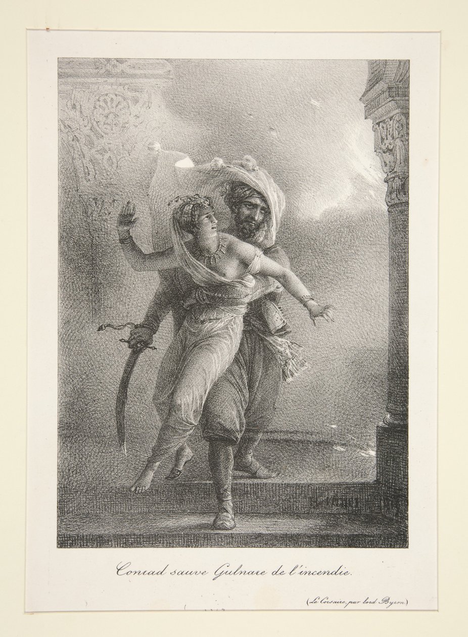 Conrad räddar Gulnare ur branden (Byrons Korsaren) av Horace Vernet