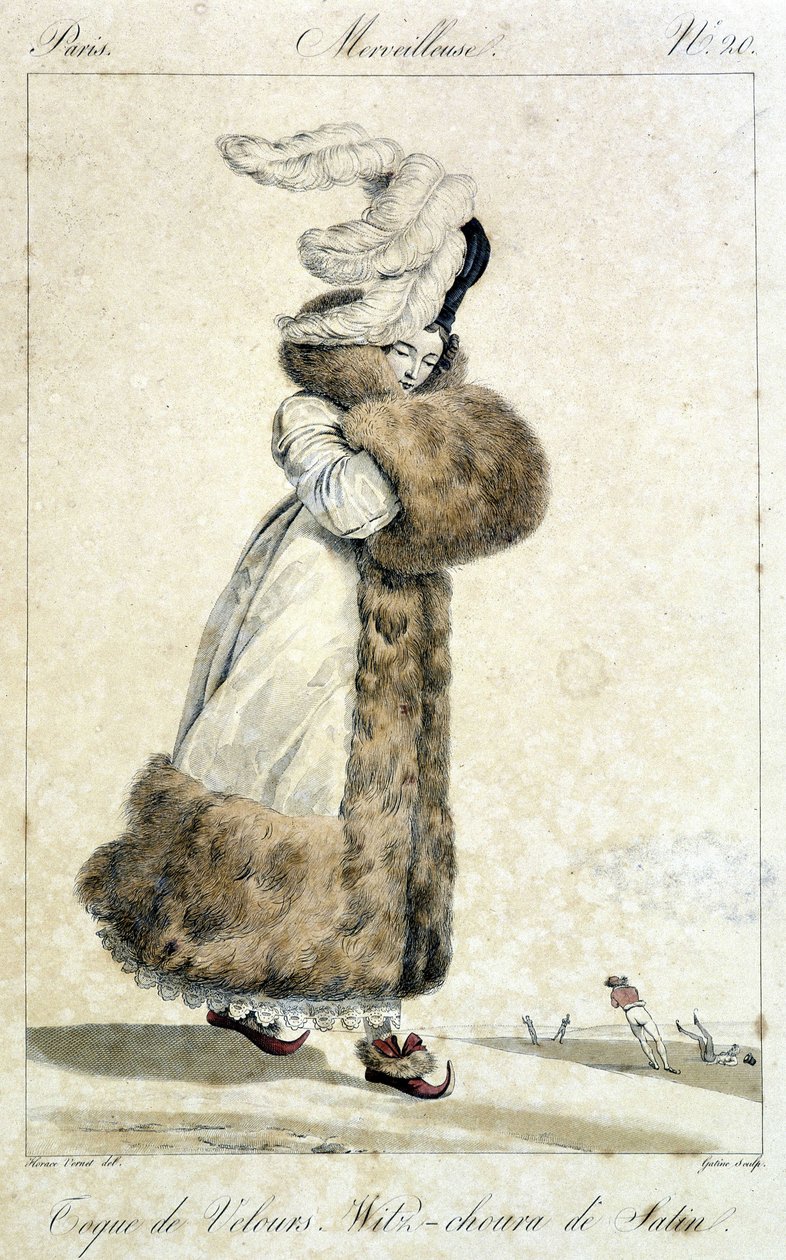 Elegant kvinna som bär en kappa och en sammetshatt med fjädrar. Dammodeillustration av Horace Vernet (1789 - 1863) för nummer 20, cirka 1810, av en "Underbar". av Emile Jean Horace Vernet