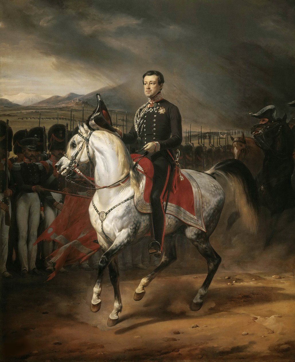 Ridsporträtt av Charles Albert 1798-1849, kung av Sardinien, 1834. av Emile Jean Horace Vernet