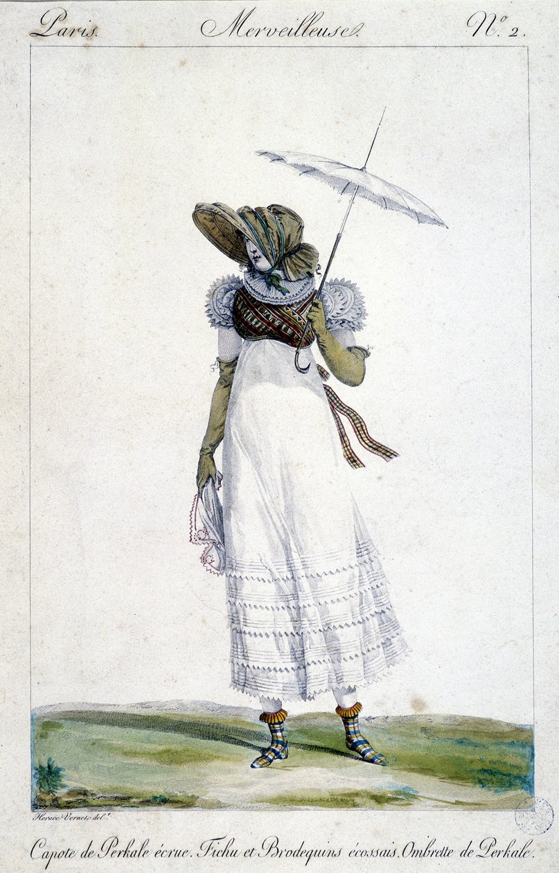 Modegravyr av Horace Vernet (1789 - 1863), gjord omkring 1810 för "A Wonderful", föreställande en kvinna som bär en ecru baldakin, ett blodigt, tartanbroderi och ett paraply. av Emile Jean Horace Vernet
