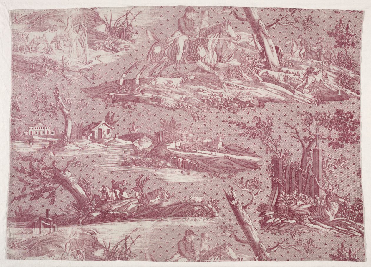 Fragment av kopparstickstryck i bomull med motiv av jaktscener av Horace Vernet