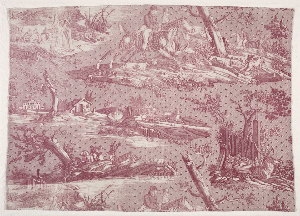 Fragment av koppartryckt bomull med jaktscendesign, ca. 1815. av Emile Jean Horace Vernet