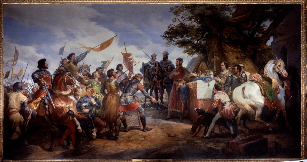 Fransk-engelska kriget (1202-1214): "" slaget vid Bouvines den 27/07/1214, Philippe Auguste sätter i spel Frankrikes krona"" Hon motsatte sig Philippe Augustes franska armé mot flamländarna och Othon IV. . Den franska segern var avgörande i o av Emile Jean Horace Vernet