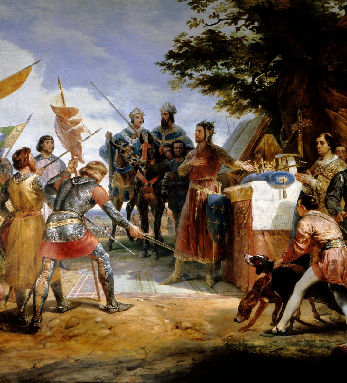Fransk-engelska kriget (1202-1214): "" slaget vid Bouvines den 27/07/1214, Philippe Auguste sätter i spel Frankrikes krona"" Hon motsatte sig Philippe Augustes franska armé mot flamländarna och Othon IV. . Den franska segern var avgörande i o av Emile Jean Horace Vernet