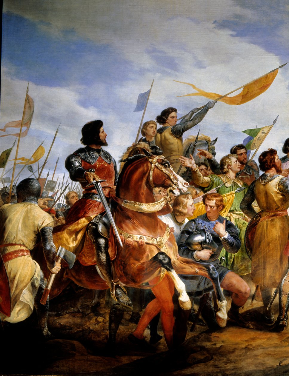 Fransk-engelska kriget (1202-1214): "" slaget vid Bouvines den 27/07/1214, Philippe Auguste sätter i spel Frankrikes krona"" Hon motsatte sig Philippe Augustes franska armé mot flamländarna och Othon IV. . Den franska segern var avgörande i o av Emile Jean Horace Vernet