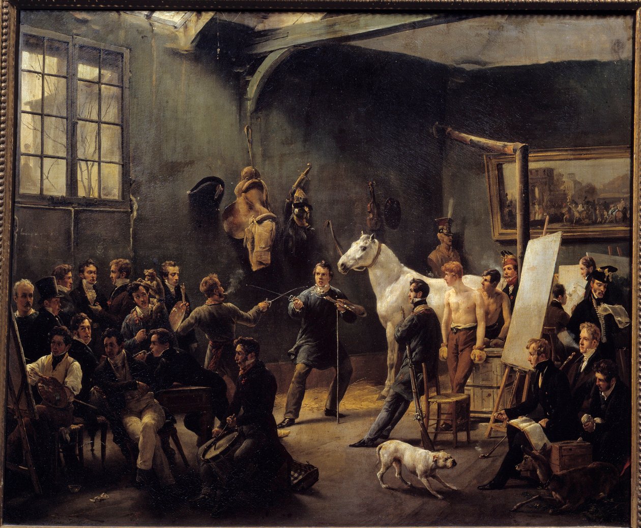 Horace Vernets verkstad 1820. Många lärlingar övar på djurmodeller. Målning av Horace Emile Vernet (1789-1863) 1820 sön. 0,55x0,65m. Carnot samling av Emile Jean Horace Vernet