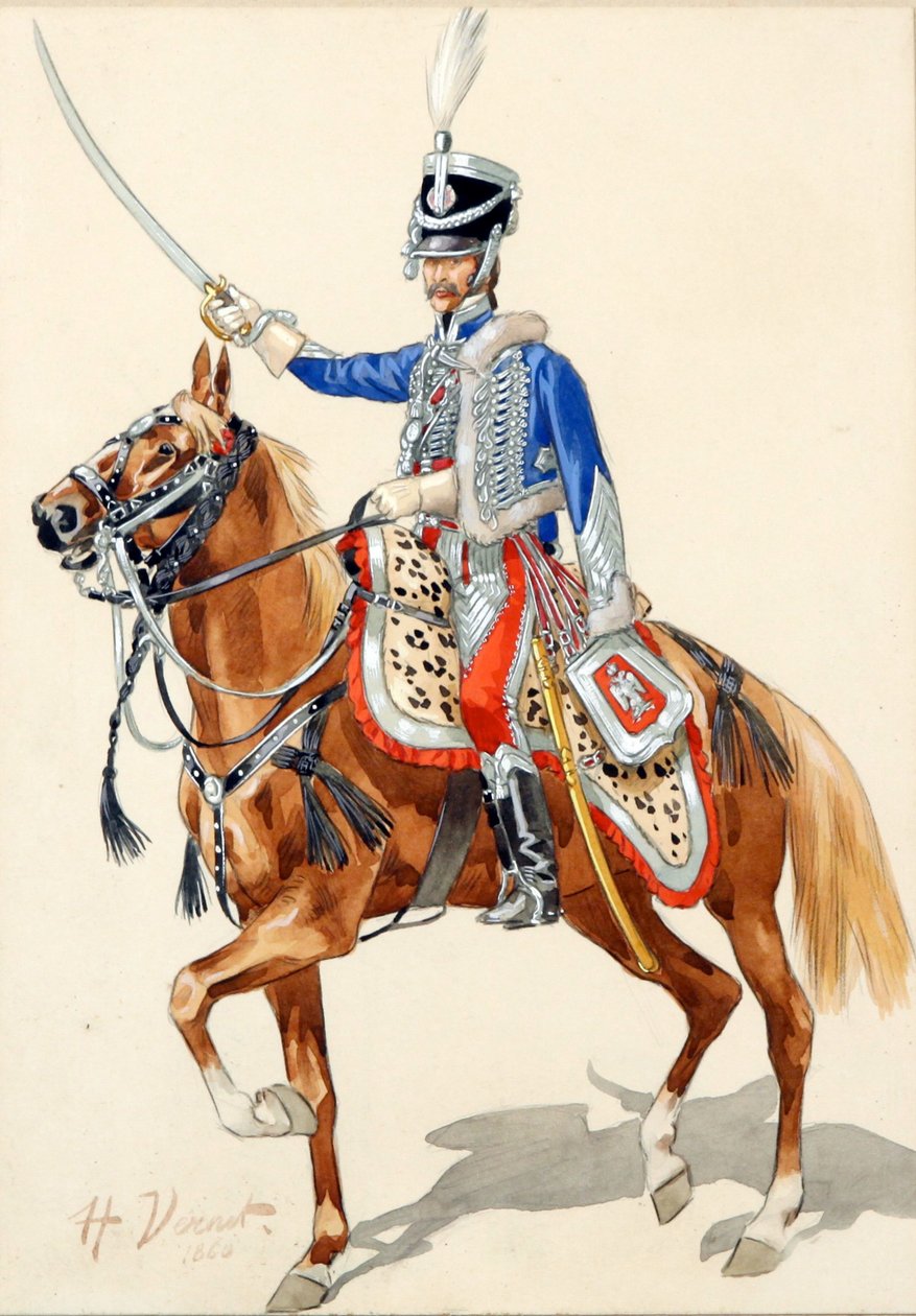 Hussard russe levant son saber - Russian Hussar Raising his Saber par Vernet, Horace (1789-1863), - Akvarell och bläck på papper, 30x21 - Privat samling av Emile Jean Horace Vernet