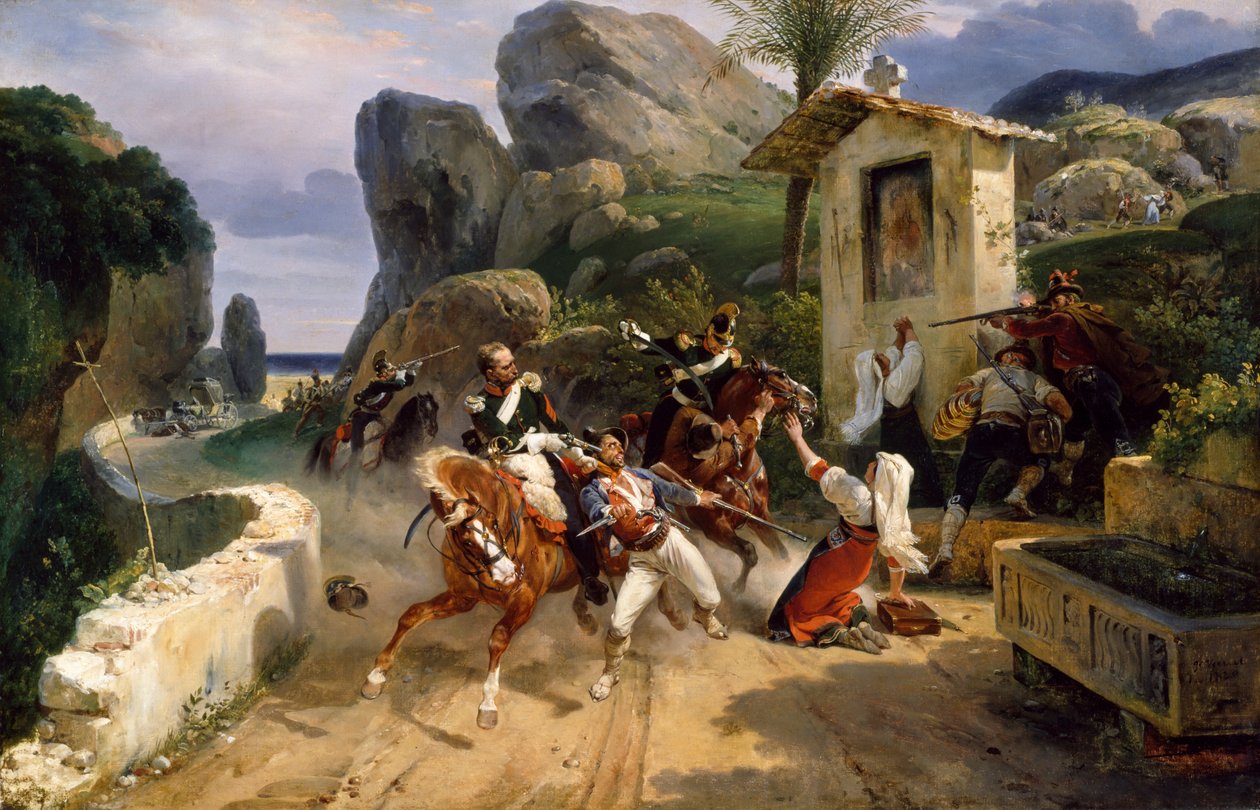 Italienska rövare överraskade av påvliga trupper av Horace Vernet