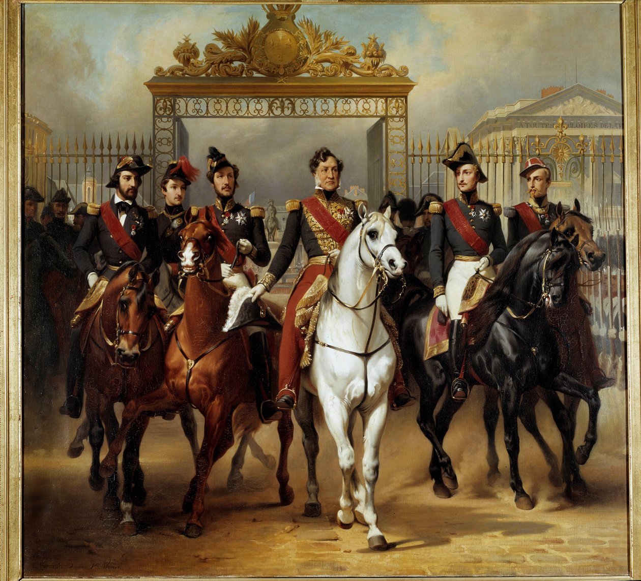 Kung Louis-Philippe I (Louis Philippe) omger sina fem söner som kommer ut genom hedersnätet på slottet i Versailles efter att ha passerat en militär granskning i domstolarna 1837-06-10 Målning av Horace Vernet (1789-1863) 1846 Sön. 3,6x3,9 m. - Franske kun av Emile Jean Horace Vernet