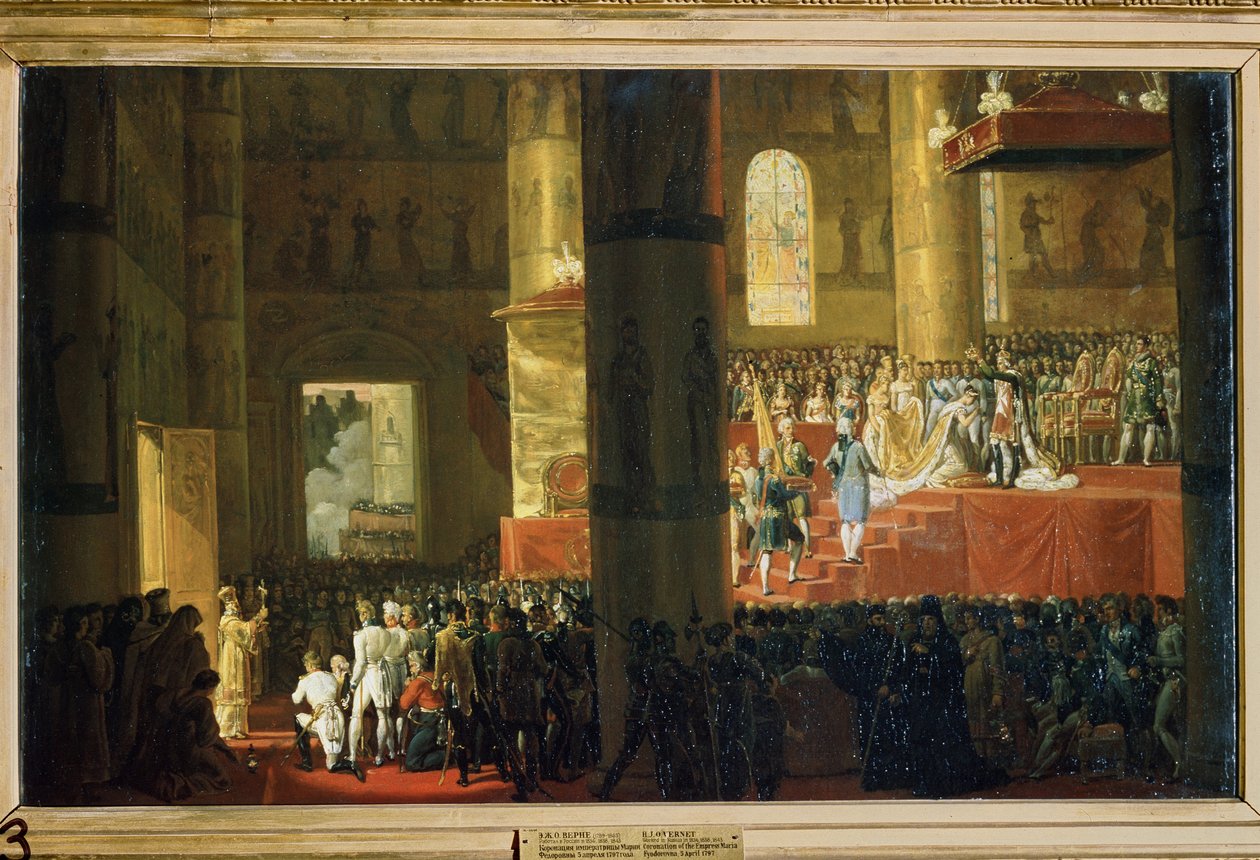 Kröningen av kejsarinnan Maria Feodorovna, 5 april 1797. (Kröningen av kejsarinnan Maria Feodorovna den 5 april 1797). Målning av Horace Vernet (1789-1863). Olja på duk, 60 x 95 cm. Fransk 1800-talskonst. Ryska statens museum, Sa av Emile Jean Horace Vernet