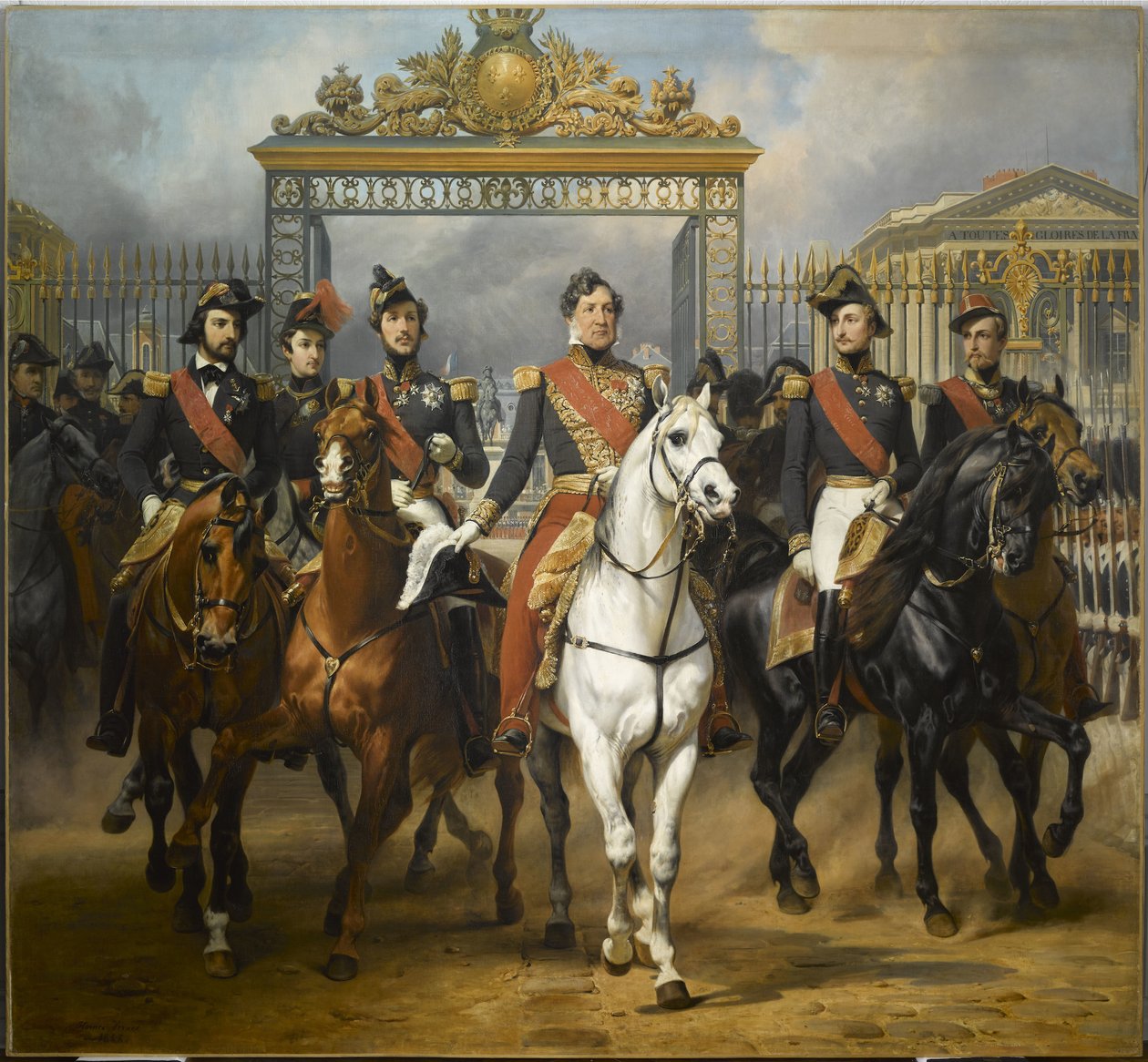 Kung Louis-Philippe omgiven av sina fem söner på väg ut genom huvudporten till Château de Versailles efter en militär genomgång på borggårdarna, 10 juni 1837. av Horace Vernet