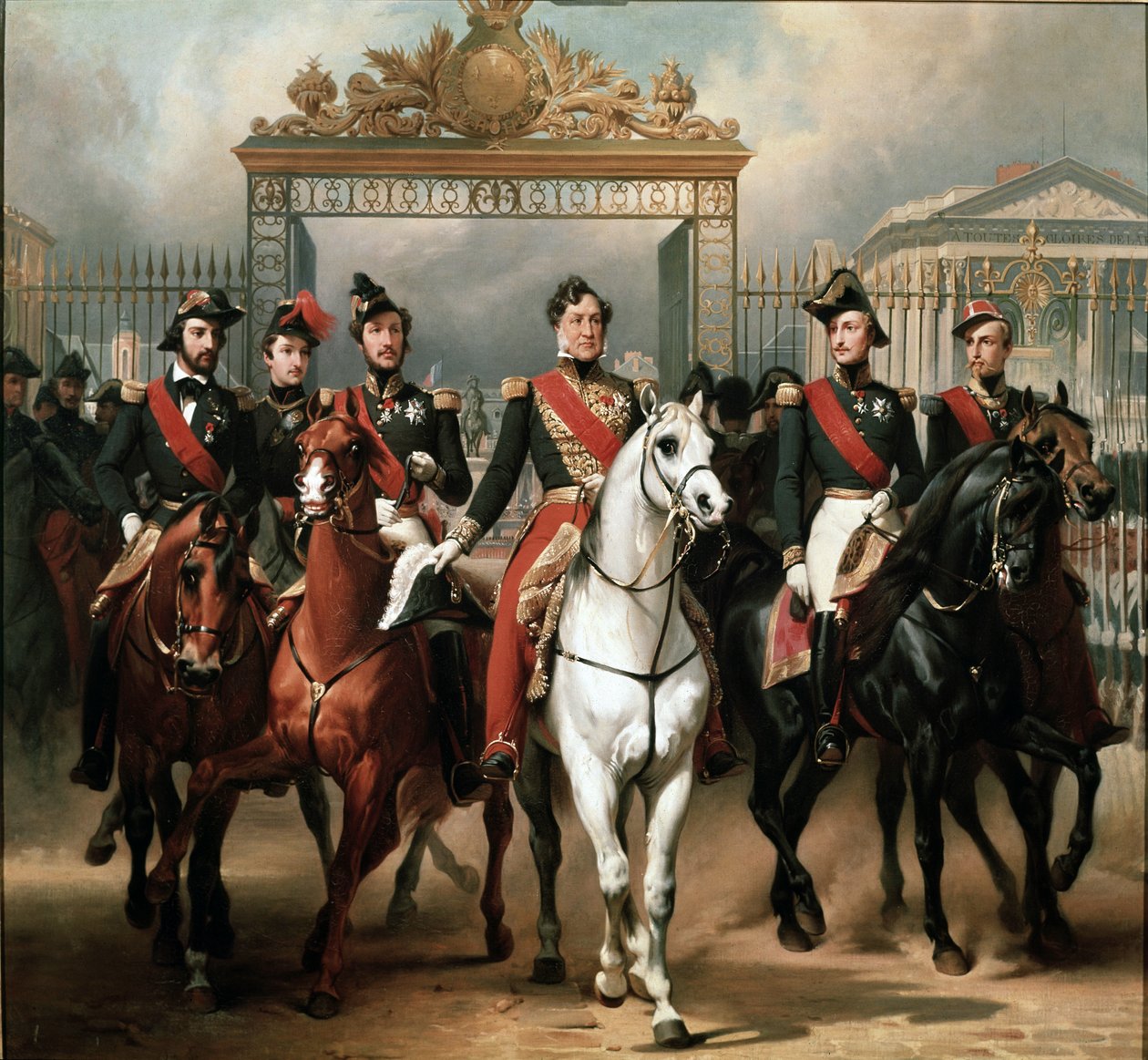Kung Louis-Philippe omgiven av sina fem söner lämnar genom huvudporten till slottet i Versailles efter att ha passerat en militär granskning på gårdarna av Emile Jean Horace Vernet