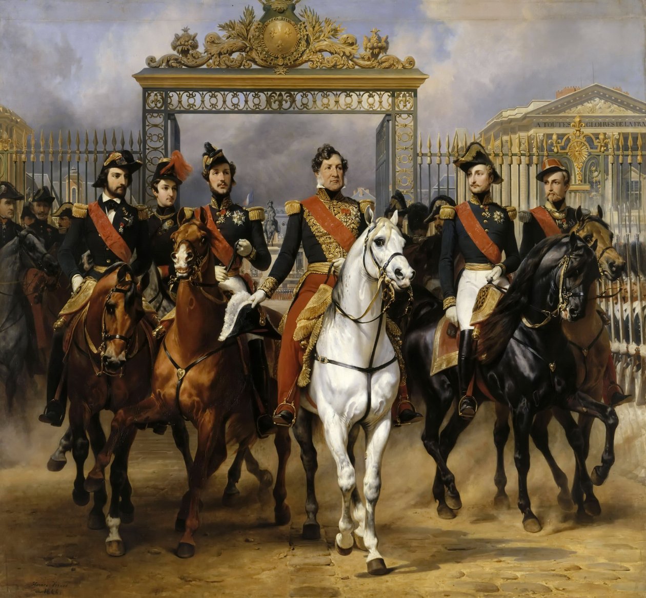 Louis Philippe och hans söner till häst vid denna lämna Versailles av lås, 10 juni 1837 av Emile Jean Horace Vernet