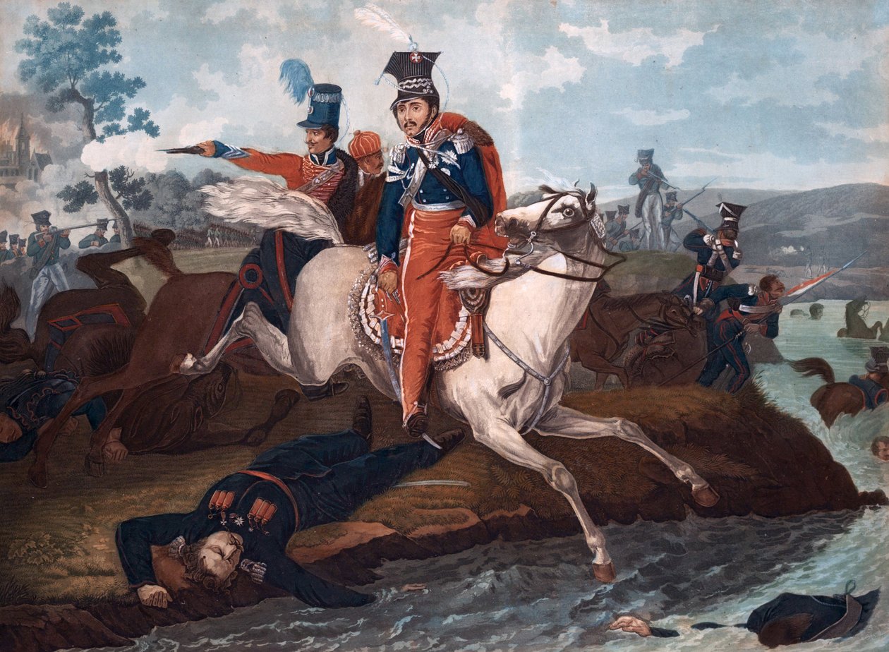 Mort du Prince Jozef Poniatowski (1763-1813)- Prins Jozef Poniatowskis död i slaget vid Leipzig - Vernet, Horace (1789-1863) - 1820 - Färglitografi - 40x54,4 - Privat samling av Emile Jean Horace Vernet
