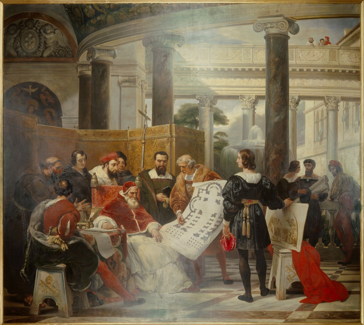Påven Julius II, beordrade arbetet med Vatikanen och Peterskyrkan i Rom (S:t Peter) omgiven av Michelangelo (Michelangelo, Michelangelo eller Michelangelo), Bramante och Raphael (Raffaello Sanzio). Målning av Emile Jean Horace Vernet av Emile Jean Horace Vernet