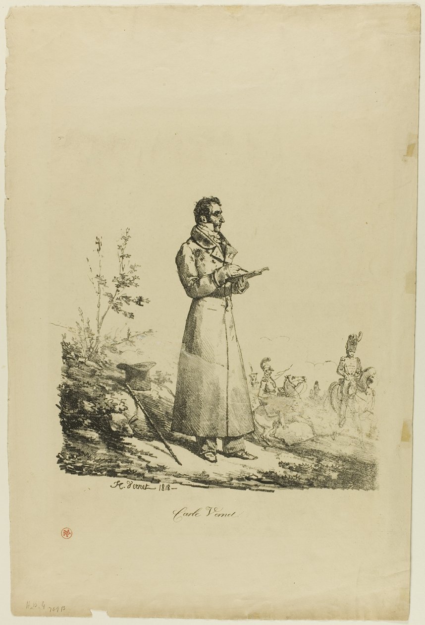 Porträtt av Carle Vernet, stående och teckning av Emile Jean Horace Vernet