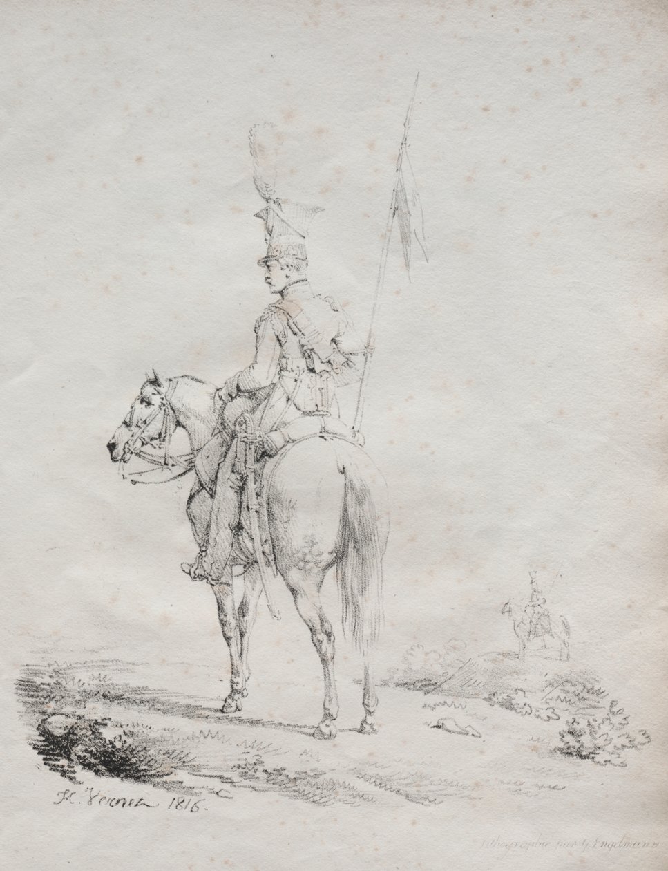 Samling av litografiska essäer: Le Lancier en Vedette av Emile Jean Horace Vernet