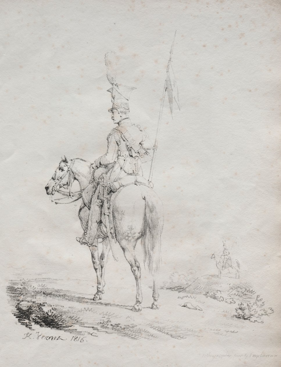 Samling av litografiska essäer: Le Lancier en Vedette, 1816. av Emile Jean Horace Vernet