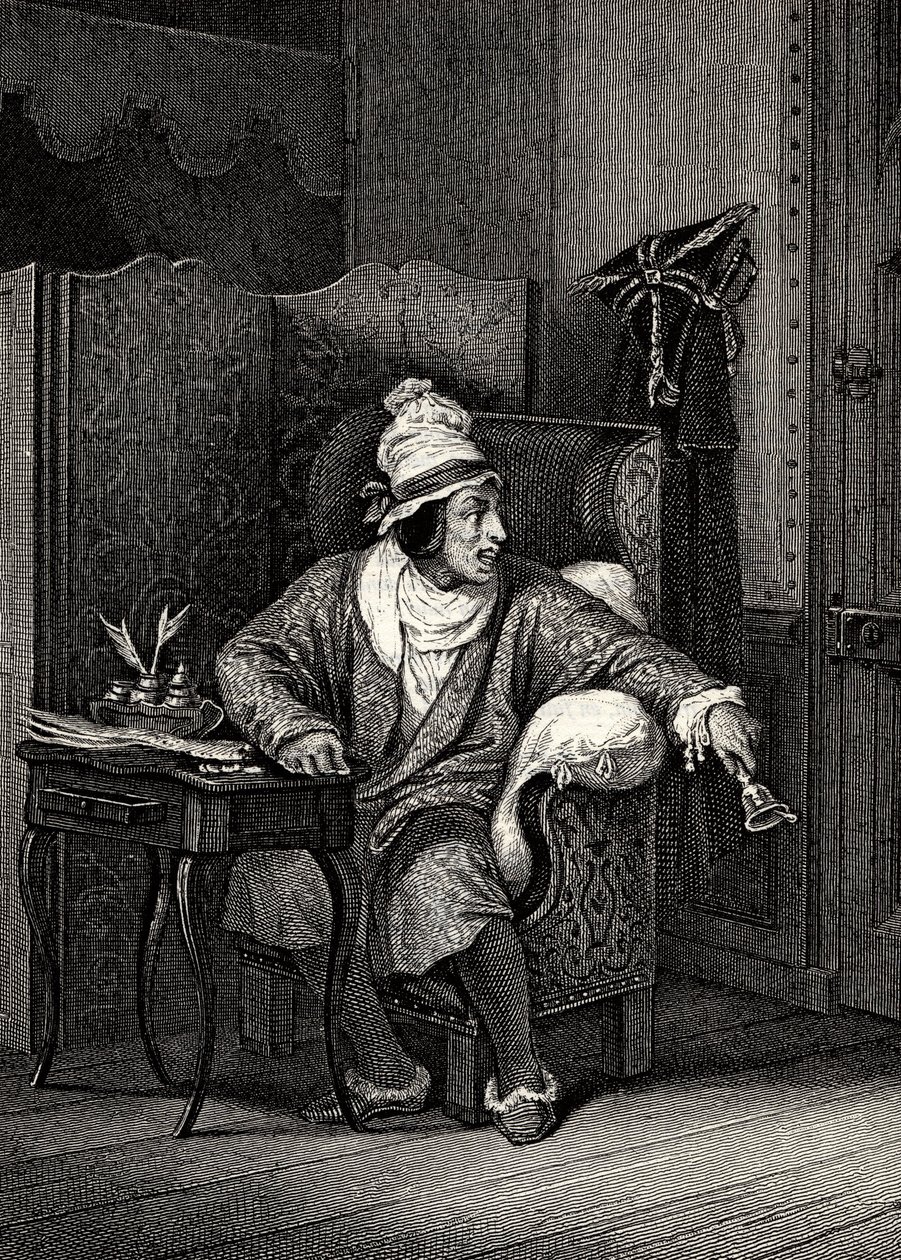 Scen från The Imaginary Invalid av Moliere, av Horace Vernet, gravyr - Le Malade imaginaire av Jean-Baptiste Poquelin dit Moliere (1622-1673) av Emile Jean Horace Vernet